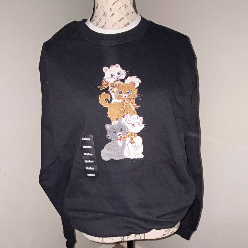 Women's Black Crew Neck Pullover Cat Granny Grandma Core Print Long Sleeve M